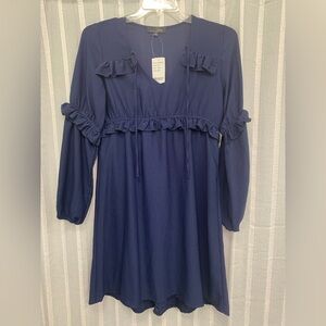 Suzanne Betro Dress w/ Ruffle Trim Long Sleeves Navy Blue Size‎ S